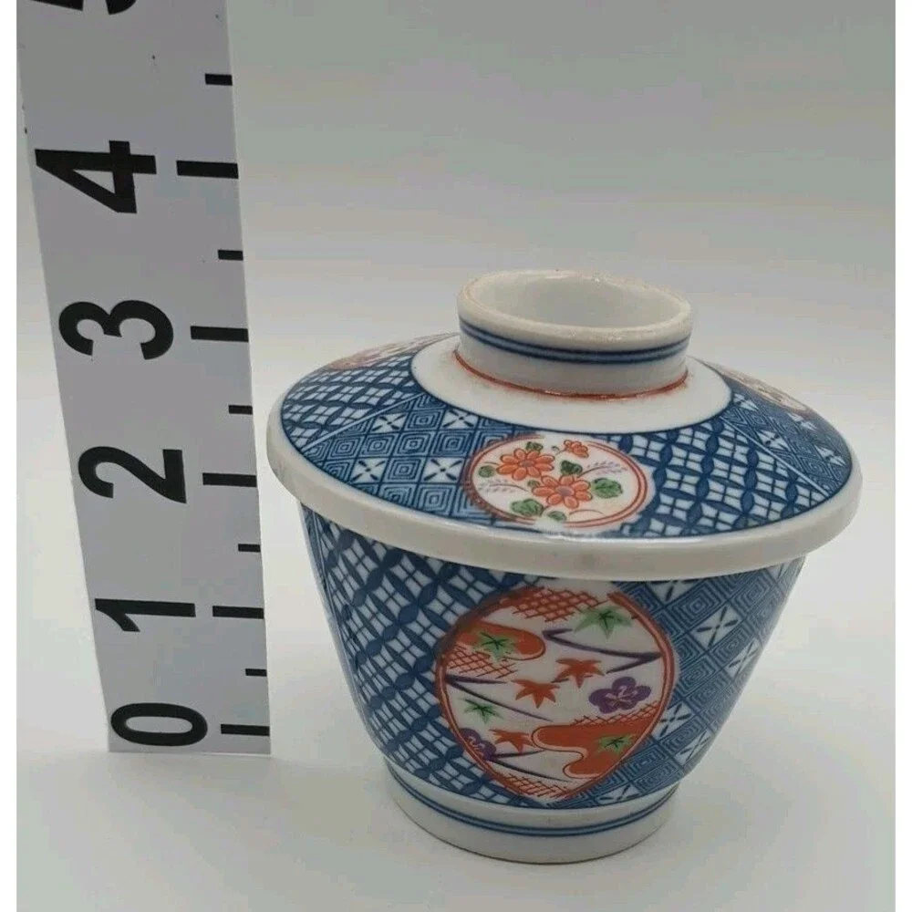 Vtg Imari Teacup With Lid Blue White Red Floral